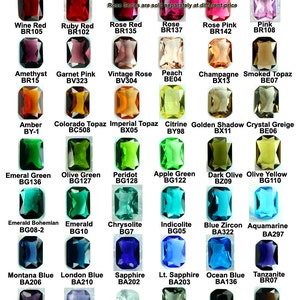 May include: Chart of octagon-shaped gemstones in various colours, including red, pink, green, blue, purple, and brown. Each gemstone is labelled with its name and a code.