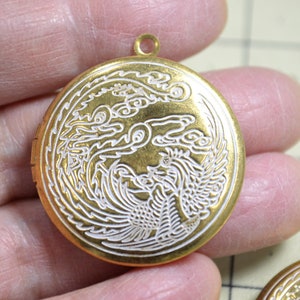 Phoenix Locket Round 32mm Raw Brass White Highlight Pendants