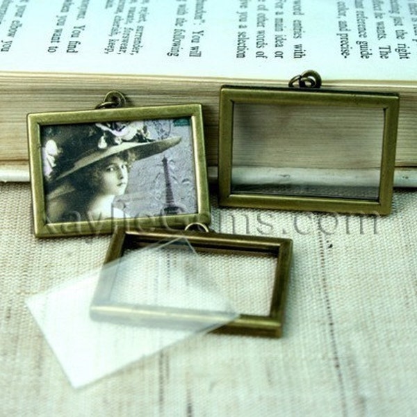 Picture Frame Charm Pendant Double Sided Rectangle Landscape 34x24mm - Antique Brass