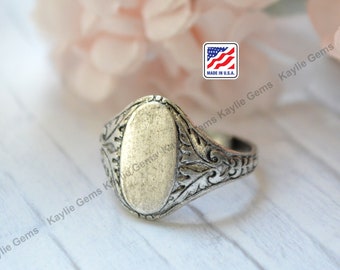 Oxidized Antique Silver Adjustable Finger Ring Blank Base Oval 15x7mm Glue On intricate Victorian Baroque Art Nouvena Medieval Made in USA