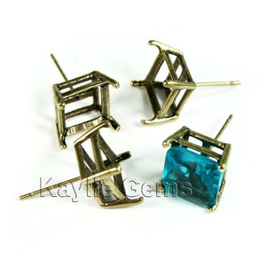 Earring Stud 10mm / 10x10mm Octagon Square Open Back Prong Setting Silver ST-P518SP 4pcs image 2