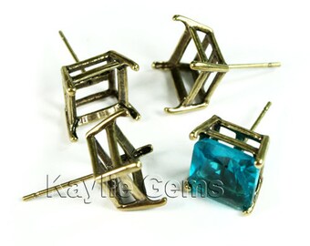 Kolczyk Stud 10mm/10x10mm Octagon kwadrat otwarty tył widelec ustawienie antyczny mosiądz-St-P518AB-4 sztuki