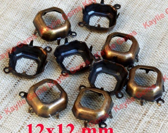 12x12mm Oxidized Brass Octagon Square Prong Setting Open Back  fit Crystal 4470 Cushion Square Fancy Stones 1 Ring 2 Ring Made in the USA