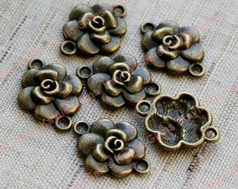 Rose flower 2 Ring Connector Links - Antique Brass -8pcs