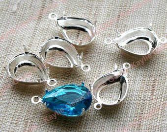 Prong Setting Sterling Silver Plated Tear Drop 14x10mm Fit 4320 Fancy Stones Open Back - 1 Ring / 2 Ring