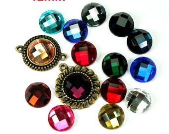 Mirror Glass Cabochon Cab Round 12mm Checker Cut Faceted Dome -Pick Your Colors Per Option