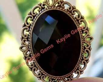 Stunning Jet Black Glass Jewel Pendant Victorian Antique Silver Brass Frame - 1pc