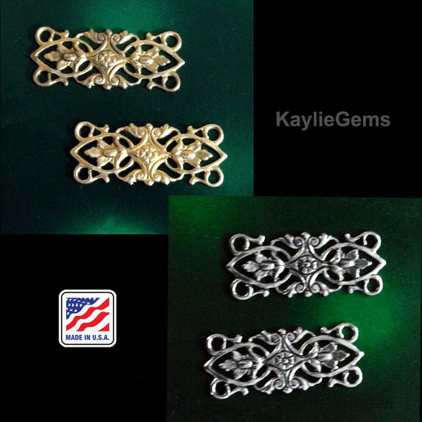Filigree Stamping Floral Victorian Baroque 4 Way Connector Victorian Made in USA -G412 - 2pcs