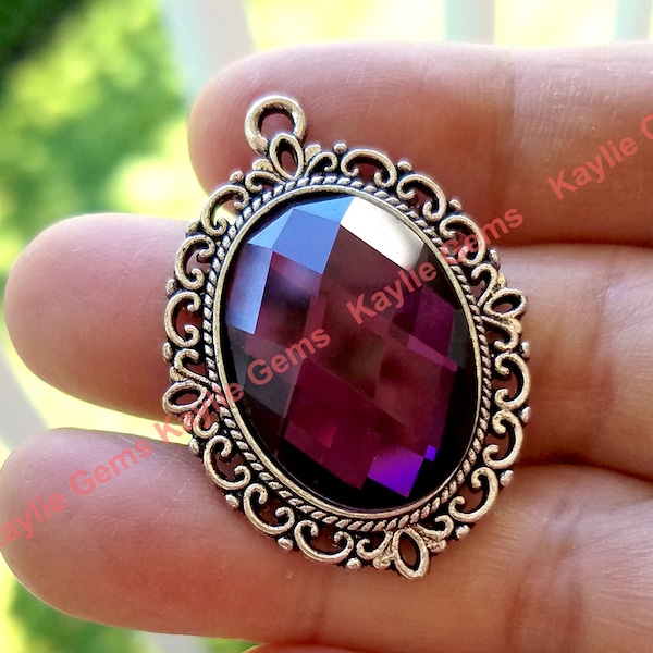 Stunning Purple Amethyst Glass Jewel Pendant Victorian Antique Silver Brass Frame - 1pc