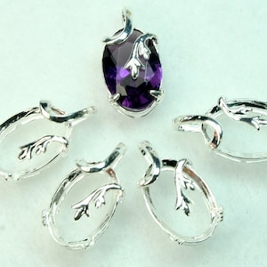 Prong Setting Pre-notched 10x14 Oval Silver Plated Open Back Rose Bud Design with Bail - ST-1167SP