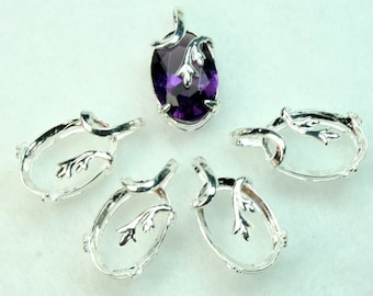 Prong Setting Pre-notched 10x14 Oval Silver Plated Open Back Rose Bud Design with Bail - ST-1167SP