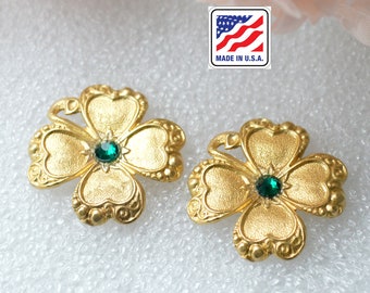 Clover Flower Charm Pendant Green Rhinestone Center Brass Stamping 1 inch 25mm Victorian Style Made in USA