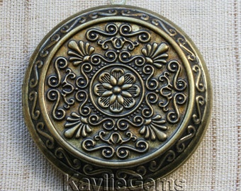 Large Round Locket Antique Brass Two-sided Victorian Baroque Pattern Pendant -LKRS-D29AB  - 1 piece