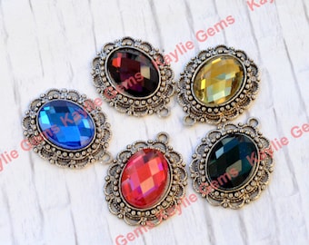 Glass Cabochon Pendant Charm Victorian Style Faceted  Glass Jewel Antique Brass Antique Silver