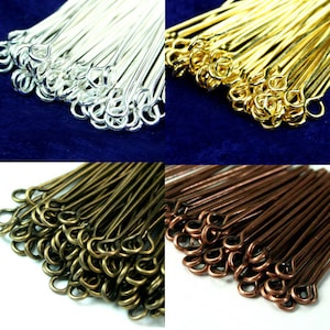 Eye Pins 21 Gauge 2 Inches 50mm  -Gold, Silver Antique Brass, Antique Copper  - 100pcs - Pick Finish