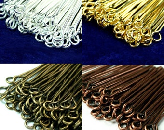 Eye Pins 21 Gauge 2 Inches 50mm  -Gold, Silver Antique Brass, Antique Copper  - 100pcs - Pick Finish
