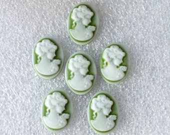 6pcs Cameo 13x18mm Victorian Lady Portrait -  White Face On Olive Green Base