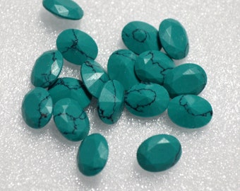 Lab Turquoise Jewel 10x8mm Oval Faceted Diamond Cut Pointed Back, Unfoiled