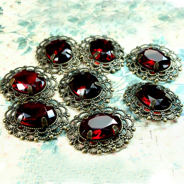 Deep Red 13x18 Oval Glass Jewel Antique Brass Filigree Pendant