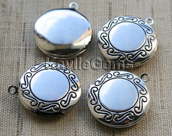 Round Locket Charm Pendant Hand Touched Antique Silver Antique Style Victorian - LKRS-124AB - 4pcs