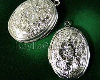 Bright Silver Lockets Oval Cherry Blossom Flower  Victorian Style Sterling Silver Plated  -  LKOS-L1AS