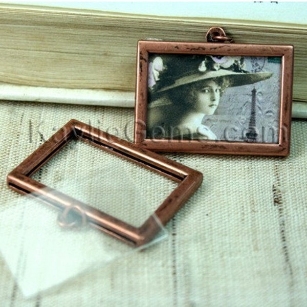 2 Sets Picture Frame Charm Pendant Double Sided Rectangle Landscape 34x24mm - Antique Copper