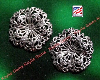 Antique Silver Floral Flower Filigree Stamping Curved Flower Art Nouveau Baroque Victorian Motif  Dapped R3678AS - 2pcs