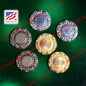 May include: Six decorative metal buttons with ornate designs. The buttons are in three different finishes: silver, gold, and antique brass.  Made in the U.S.A.