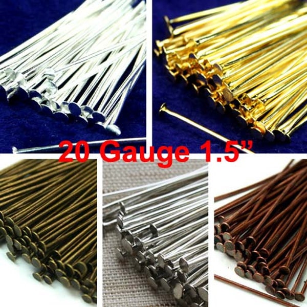 Head Pins 38mm 1.5" 20 Gauge Silver, Gold, Antique Brass, Antique Silver, Antique Copper - Heavy Strong - 100pcs - Pick Finish