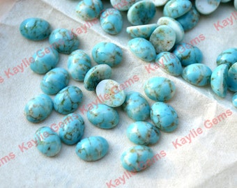 Old Stock 8x6 mm Turquoise Matrix Czech Glass Cabochon Stone Flat Back Smooth Dome BIN2- 6 pieces