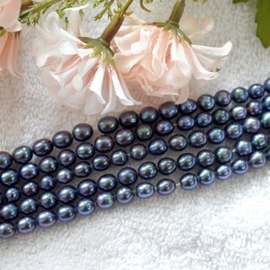 May include: A strand of dark blue freshwater pearls, with a slight iridescent sheen, laid out on a white surface.