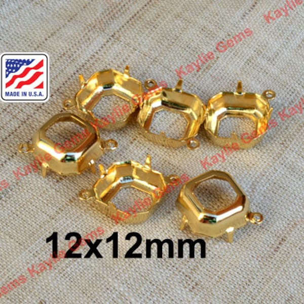 12x12 Octagon Prong Setting 24k Gold Plated Brass Open Back  fit Crystal 4470 Cushion Square Fancy Stones 1 Ring 2 Ring