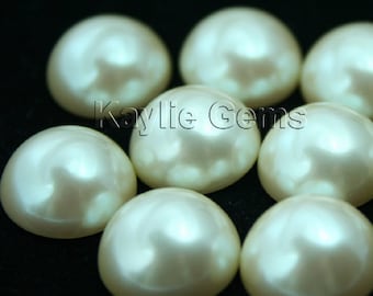 14mm Flat back Round Pearl Cream Cabochon Faux Glue On - 12pcs