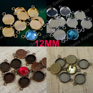 May include: Assortment of 12mm round metal bezel settings with three jump rings. The bezels are available in gold, silver, and bronze finishes. The bezels are designed to hold a 12mm round cabochon.