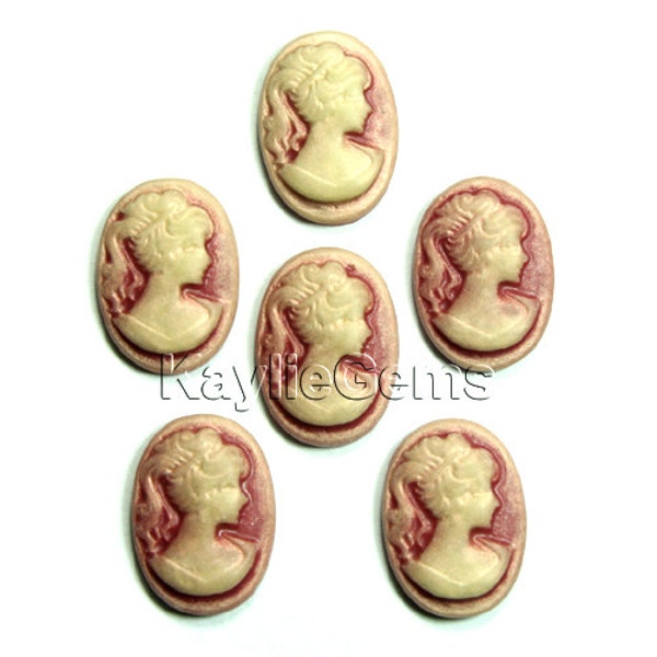 Cameo 13x18mm Victorian Lady Portrait -  Antique Gold Face old Rose Base Maroon R10 - 6pcs