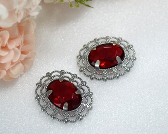 Dark Red Ruby Glass Jewel Antique Silver Filigree Pendant 1 pc