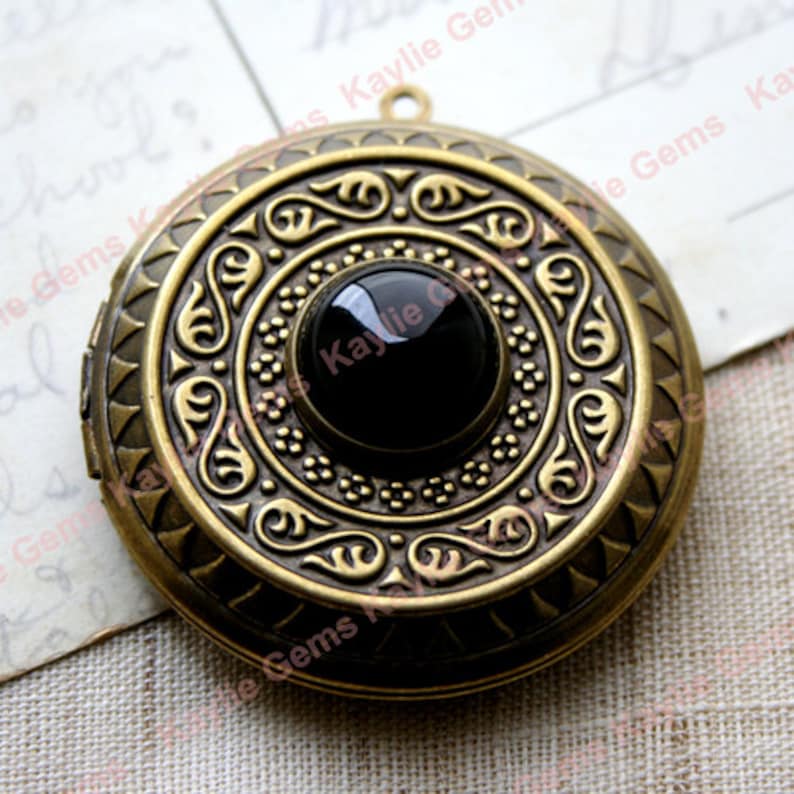 Intricate Black Jewel Locket Victorian Baroque Antique Style 45mm Large Necklace Pendant 1 piece image 1