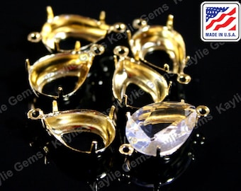 14x10 Pear Tear Drop Prong Setting Pure 24K Gold Plated Open Back 1 Ring / 2 Ring Fit Crystal 4320 Fancy Stones  Made In the USA