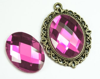 Oval 18x25 Mirror Glass Cabochon Cab Faceted Checker Cut Dome - Pink- 2pcs