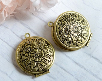 Round 27mm Antique Brass Flower Face Locket  Pendants - LKRS-X21AB -2pcs