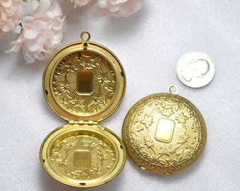 Large Round Locket Raw Brass Photo Locket 2 inches 50mm Double Sided Antique Style Design Ship From USA