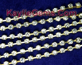 3mm Rhinestone Chain Clear Crystal Raw Brass Prong Cup