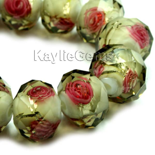 Lampwork Glass Bead 14x10mm 12x9mm, 10x8mm Faceted Abacus Rondelle Silver Lined Rose -Lt Smokey - BD-LW1003-SMY