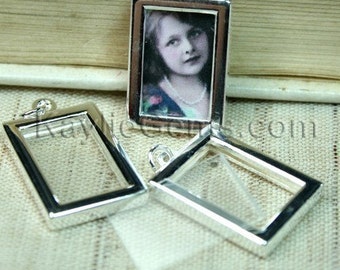 Picture Frame Charm Pendant Earring Drop Double Sided Rectangle 16x22mm - Silver Plated