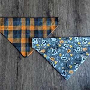 Halloween plaid dog bandana, dog costume cartoon bandana, double sided, over the collar, black and orange flannel, cute Halloween party