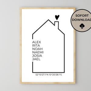 Personalized family picture with name and house | Family poster gift idea for birth, wedding, birthday | Family house building picture | PDF