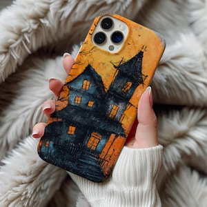 Haunted House Halloween Phone Case for iPhone Samsung Galaxy Google Pixel Spooky Bats Full Moon Art Gothic Autumn Night Phone Cover Gift