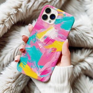 カラフルな抽象的なブラシストロークのiPhone、Samsung、Galaxy、Google Pixel用電話ケース、大胆なピンク、イエロー、ティール、芸術的なデザイン、鮮やかなペイント