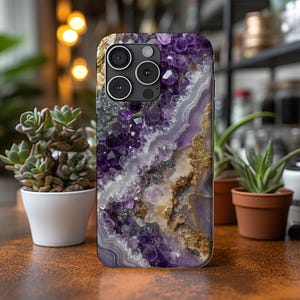Magsafe Compatible Amethyst Geode Phone Case Elegant Purple, Gold & Silver Design for iPhone 13 14 15 16 Sleek Protective Cover Gift Idea