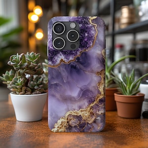 Magsafe Compatible Purple Amethyst Geode Phone Case Elegant Purple, Gold & Silver Design for iPhone 13 14 15 16 Protective Cover Gift Idea